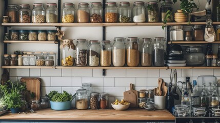An eclectic mix of preserved and fresh goods adorn a kitchen shelf, bringing warmth and vibrancy to...