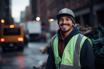 Smiling portrait of a young garbage man in the street