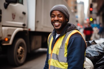 Smiling portrait of a young garbage man in the street - obrazy, fototapety, plakaty