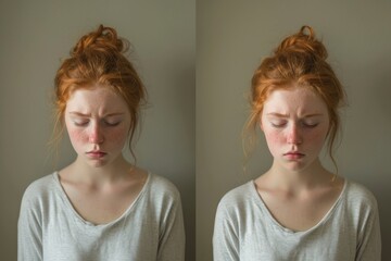 A striking redhead stands against a wall, her flawless skin and bold lip complimenting her edgy fashion sense and captivating hairstyle in this stunning indoor portrait