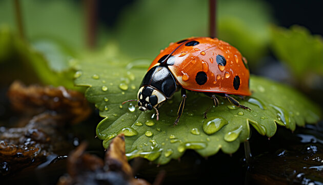 A ladybug sits on a wet leaf, surrounded by green generated by AI