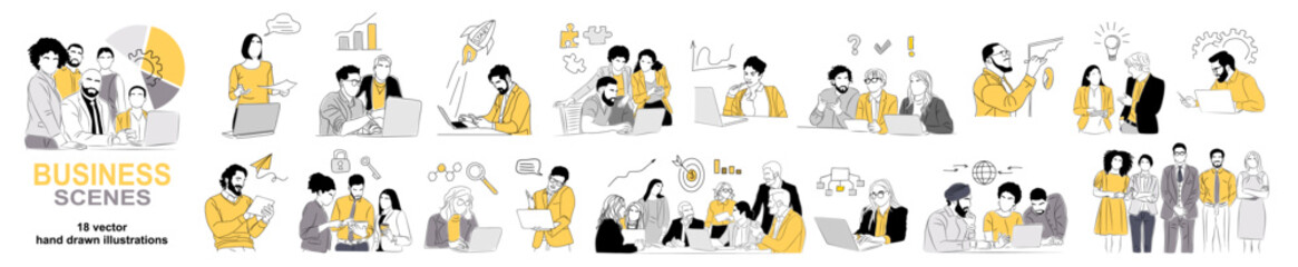 Set of Business scene vector outline illustrations on transparent background. Collection of men, women, business team working together, taking part in business activities, meeting, discussing.