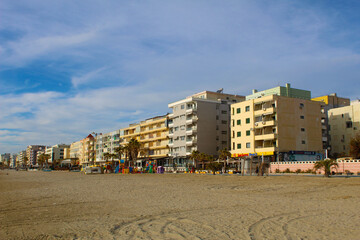 Architectural structures along Durres Beach, Albania's coastal skyline.