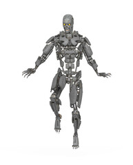 mega cyborg is floating and looking for action in white background