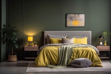 
Cozy bedroom. Stylish modern interior design in grey, green and yellow tones. Decor on the nightstand