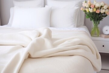 Cozy cream wool blanket on a large double bed in a bright bedroom
