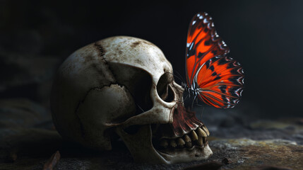 A striking image capturing the contrast of life and death as a bright orange butterfly rests on a weathered human skull in a shadowy setting. - obrazy, fototapety, plakaty