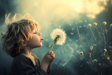 A young girl finds joy and innocence in the simple act of blowing a dandelion, surrounded by the beauty of nature's greenery