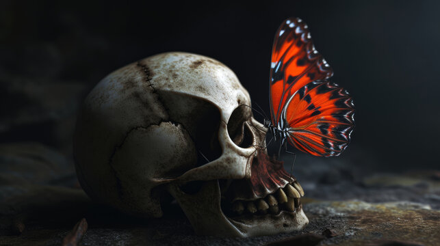 A striking image capturing the contrast of life and death as a bright orange butterfly rests on a weathered human skull in a shadowy setting.