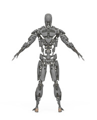 mega cyborg on a pose in white background rear view