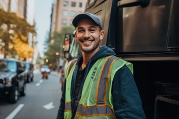 Smiling portrait of a young garbage man in the street