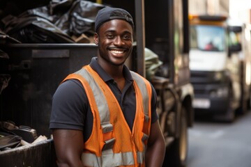 Fototapeta na wymiar Smiling portrait of a young garbage man in the street