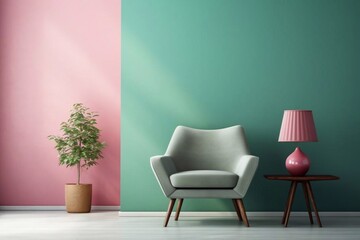 
Living room interior design scene with pink chair, table and empty green wall, room interior mock up, empty room interior background, green empty wall mockup