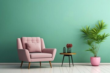 
Living room interior design scene with pink chair, table and empty green wall, room interior mock up, empty room interior background, green empty wall mockup
