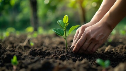 A gardener tenderly nurtures new life, their hands carefully tending to the soil and planting a vibrant green leaf, a symbol of hope and growth in the great outdoors