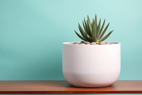 
Modern room decoration with picture frame mockup. White shelf against pastel turquoise wall with pottery and succulent plant. Hand watering potted succulent plant