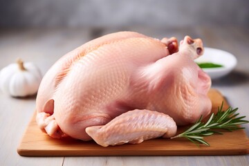 Side view of a whole raw chicken on a wooden board with a sprig of basil next to it and a head of garlic behind on a light gray background