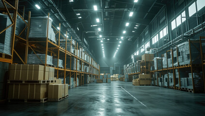 Fototapeta premium retail warehouse stocked with shelves holding cartons of goods, accompanied by pallets and forklifts. In the background, logistics and transportation elements, distribution center