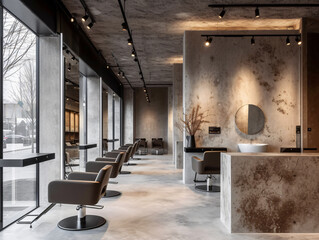 Hair salon with concrete walls and floor. There are  chairs lined up along the wall, The chairs are brown and grey, and the mirrors have lighted rings around them.