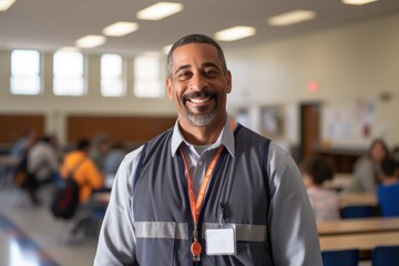 Portrait of a middle aged male janitor in school - obrazy, fototapety, plakaty