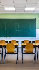 Modern school classroom with seating and a green board. Back to school.