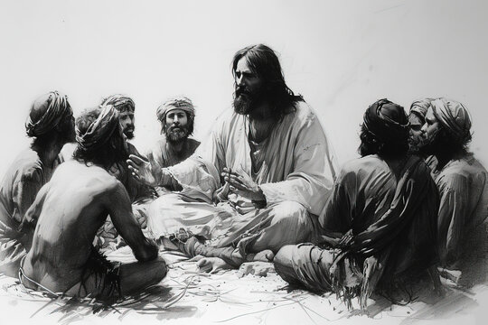 Jesus teaches people, people sit around Him. Black and white illustration.