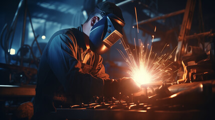 process of welding, showcasing sparks, protective gear, and skilled welders at work - obrazy, fototapety, plakaty