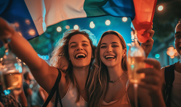 A group of people partying and cheering in celebration with the flag of france