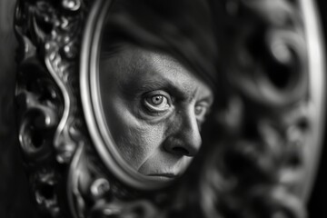 A monochromatic portrait of a human face, gazing into their own reflection, captures the duality of self-perception and the fragility of our own image