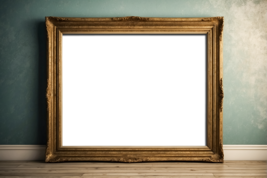 Old photo frame on wooden floor leaning against a green colored wall