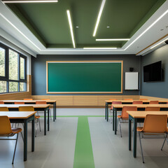 Modern school classroom with seating and a green board. Back to school.