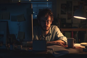 A solitary figure, illuminated by the soft glow of a laptop screen, sits hunched over a cluttered desk in the dimly lit room, lost in thought and surrounded by the trappings of modern life