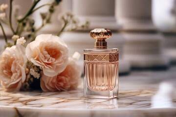 
A chic bottle of women's perfume with a delicate rose aroma stands on a marble white podium. front view. small roses. Presentation of the fragrance
