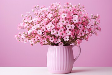 Beautiful gypsophila flowers in a soft pink vase on a white table on a pink background