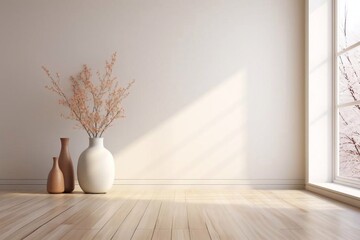 Fototapeta na wymiar Beige empty minimalist room interior with vases on a wooden floor, decor on a large wall, white landscape in window. Background interior. Home nordic interior