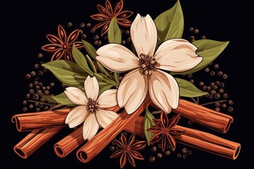Cinnamon sticks vector illustration with cinnamon flower and black pepper seeds