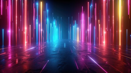 Futuristic Sci-Fi Modern Empty Stage Reflective Concrete Room With Purple And Blue Glowing Neon Tubes Shape Empty Space Wallpaper Background 3D Rendering Illustration