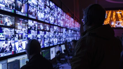 Technicians monitor and manage live broadcast feeds in a control room during an event - Powered by Adobe