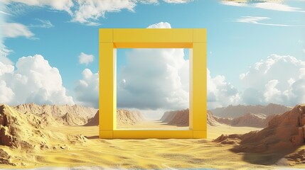  Surreal desert landscape with white clouds going into the yellow square portals on sunny day. Modern minimal abstract background
