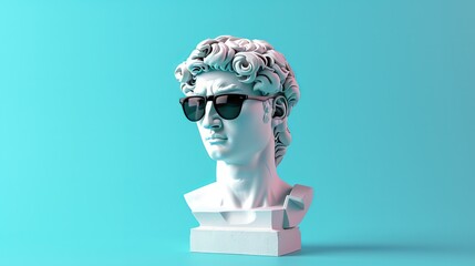 White plaster antique David's statue head in glasses on a blue background. Contemporary art
