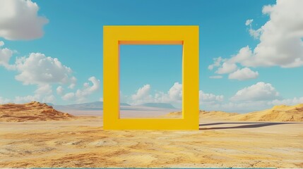  Surreal desert landscape with white clouds going into the yellow square portals on sunny day. Modern minimal abstract background
