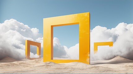  Surreal desert landscape with white clouds going into the yellow square portals on sunny day. Modern minimal abstract background
