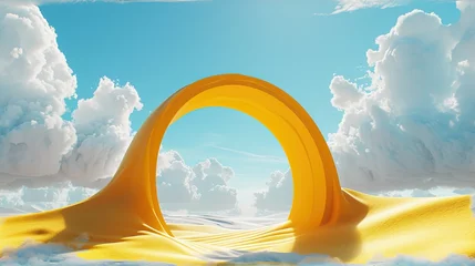 Poster  Surreal desert landscape with white clouds going into the yellow square portals on sunny day. Modern minimal abstract background    © Andrei Hasperovich