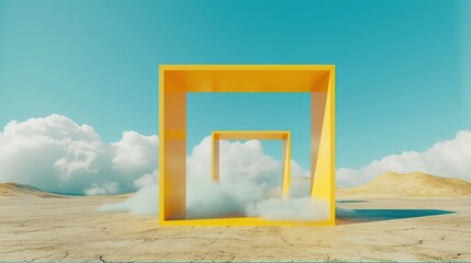  Surreal desert landscape with white clouds going into the yellow square portals on sunny day. Modern minimal abstract background


