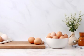 
Kitchen background mockup with eggs, rolling pin, bowls for cooking and baking utensils on the table on white background. Blank space for a text, home kitchen decor concept. Wide banner