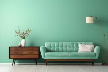 Stylish mint green wall with a sideboard near a sofa on a wooden floor in the interior and with a lamp