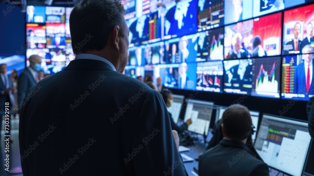 Wall mural technicians monitor and manage live broadcast feeds in a control room during an event