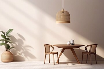 
Minimalist composition of elegant kitchen space with round table, rattan chair, vase with leaf, pedant lamp and personal accessories. Minimalist home decor. Beige wall. Template - obrazy, fototapety, plakaty