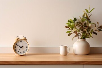 
Minimal cozy counter mockup design for product presentation background or branding in Japan style with bright wood counter and warm white wall include vase plant and clock. Kitchen interior