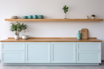 Fototapeta na wymiar Minimalistic white kitchen with wooden and turquoise details, minimal interior design